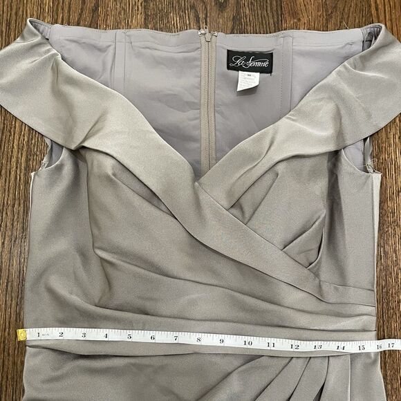 LA FEMME Surplice Off Shoulder Column Gown - Picture 9 of 15